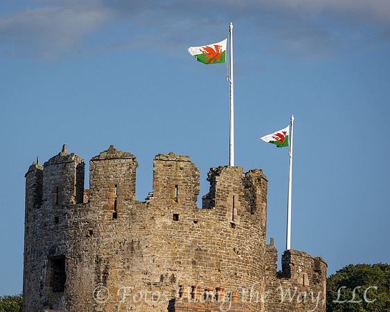 Conwy Castle Tower with Two Welsh Flags