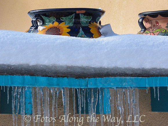 Talavera Pottery on Snowy Roof (New Mexico)