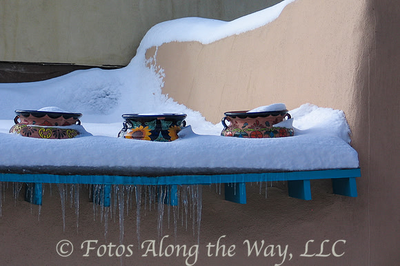 Talavera Pottery on Roof in Winter (New Mexico)
